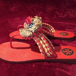 Tory Burch Orange Leather Women’s Flip Flops with straw flower, Size 6 1/2